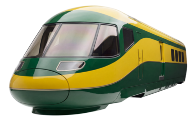 Dining car featuring a unique green and yellow exterior design.