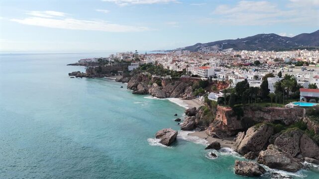 Aerial View of the Balc&oacute;n de Europa Lookout Point and the Dramatic Coastline of Nerja, Andalusia, on the Mediterranean Sea