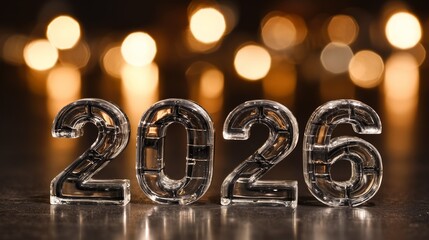 Decorative numbers 2026 placed on a dark surface with warm lights in the background