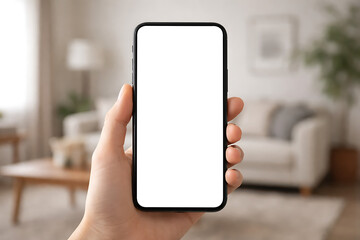 Hand holding smartphone with empty white display in blurred living room interior for interior design apps and home automation mobile interface mockups