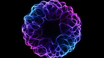 Vibrant neon purple and blue glowing virus particle on black background