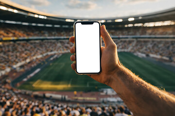Person holding a mobile phone with a blank white screen at a large crowded stadium during a professional soccer match at sunset time