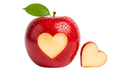 A red apple with a heart shaped cut out and a leaf on top isolated on transparent background