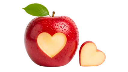 A red apple with a heart shaped cut out and a leaf on top isolated on transparent background