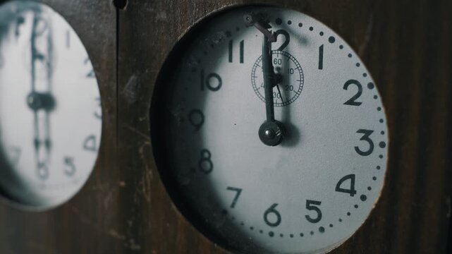 Close-up of an old wooden clock with a white dial and black numbers ticking steadily. The vintage texture and moving hands symbolize the relentless passage of time.