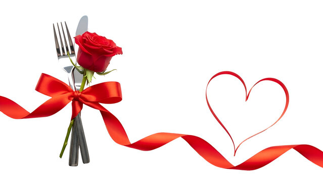 Valentines day romantic decoration with red rose and heart shaped ribbon isolated on transparent background