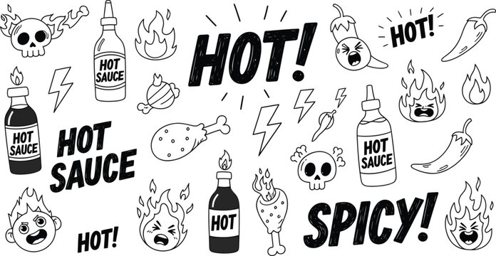 Collection of hot sauce and spicy food icons and labels