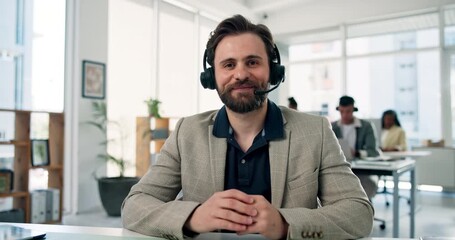 Face, headset and video call with business man in office for communication, feedback or workshop. Explain, pov and virtual meeting with employee person at desk in workplace for development webinar - Powered by Adobe