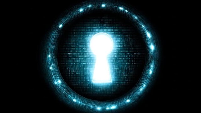 Digital keyhole reveals encrypted data and binary code on black background