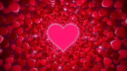 A large pink heart outlined in white neon sits amidst a dense cluster of smaller red hearts on a dark red background with subtle lighting effects