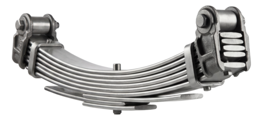 Graduated multi-leaf spring with end clamps and varying plate lengths.