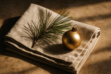 Minimalist Christmas Still Life with Gold Ornament and Pine on Linen Napkins