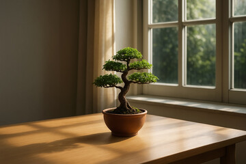 Zen Bonsai Tree in Clay Pot on Wooden Table with Natural Sunlight Background
