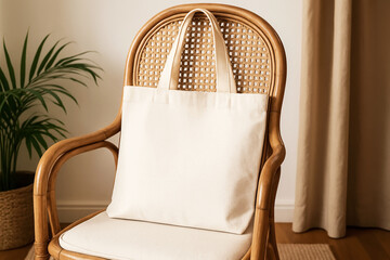 Minimalist Canvas Tote Bag Mockup on Rattan Chair in Bright Living Room
