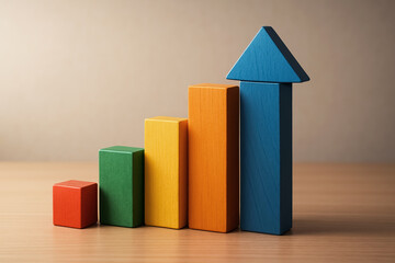 Business Growth Concept with Colorful Wooden Toy Blocks Forming an Upward Trend