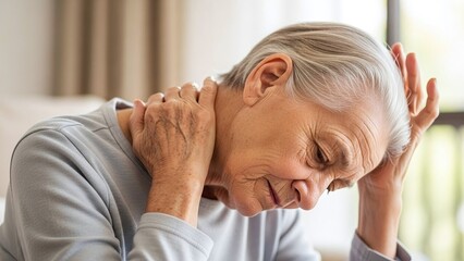 elderly person massaging neck muscles for healthcare articles, senior wellness blogs, geriatric medicine presentations, chronic pain management tutorials, orthopedic awareness, bokeh