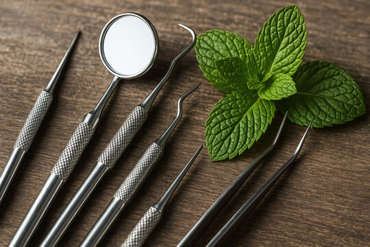Professional Stainless Steel Dental Instruments with Fresh Mint on Wooden Surface