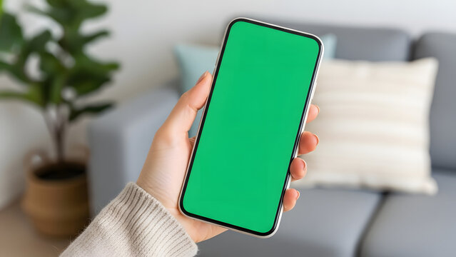 Hand gripping mobile phone with green screen in relaxed living room environment for app previews and digital mockup designs