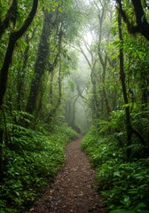Fototapeta premium Lush Green Forest Path with Fog