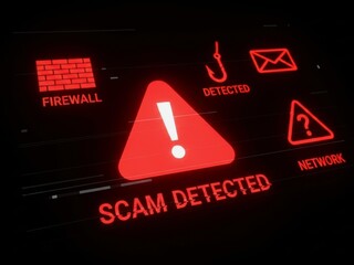 Red warning signs and symbols indicating scam detected on computer screen