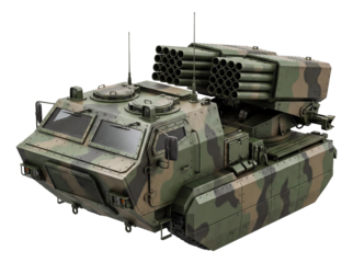 Camouflaged armored cabin multi-launch rocket system.