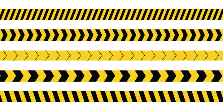 Caution tape borders set featuring black and yellow chevron stripe patterns, ideal for construction safety graphics, warning labels, danger signage, industrial templates, event barriers,