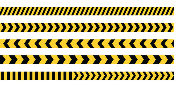 Caution tape borders set with black and yellow chevron stripes, flat vector illustration designed for warning signs, construction zones, danger alerts, safety graphics, industrial design projects,