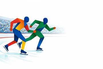 Fototapeta premium Winter Olympics athletes speed skaters sprint on indoor track with wide copy space