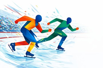 Obraz premium Winter Olympics athletes speed skaters racing through fast corner, shards and motion effects