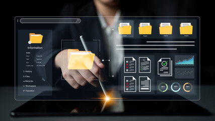 A user interface for a document management system. The dashboard provides file organization, a project workspace, and data analytics for corporate information management. Fermion