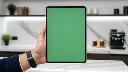 Green screen tablet held vertically by person in contemporary kitchen with coffee machine and marble backsplash for tech visuals