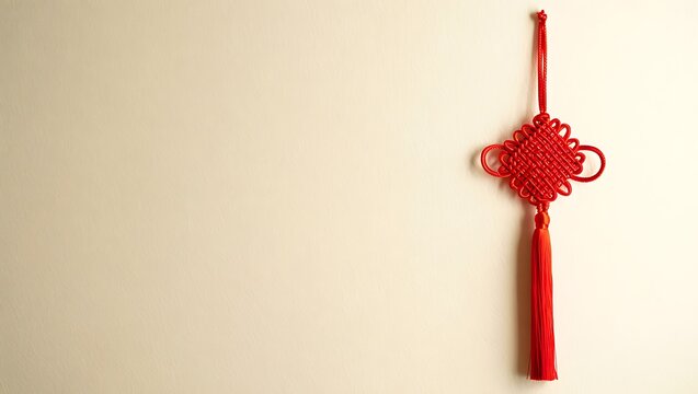 Traditional Chinese red lucky knot with tassel hanging on beige background with copy space for Lunar New Year
