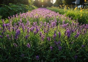 Obraz premium A vibrant, continuous row of small purple blooms nestled among lush green foliage under bright sunlight in a natural garden setting ,line, outdoor, peaceful