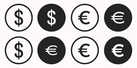 Dollar euro currency icon set featuring clean financial symbols and minimalist money graphics, perfect for banking apps, financial presentations, economic infographics, fintech dashboards, account