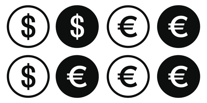 Dollar and euro currency icon set with clear currency signs and minimalist financial design, ideal for banking applications, economic infographics, finance presentations