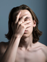 Young shirtless man covering face with hand, moody blue background portrait, Generative AI