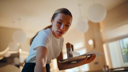 Waitress cleaning cafe table wearing white shirt. Woman employee wiping surface
