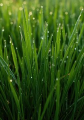 Obraz premium Vibrant emerald grass blades glistening under bright morning sunshine, showcasing freshness and natural growth ,warmth ,blades ,abstract