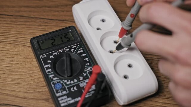 An electrician measures the voltage of a white power strip outlet with digital multimeter probes. The LCD screen displays a 220 volts reading during an electrical test of the grid.