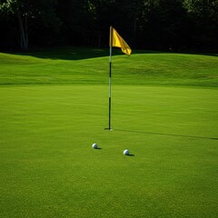 Obraz premium Lush, immaculate putting green landscape awaits the final shot. The identifiable flagstick marks the precise target location on the smooth surface ,vibrant ,smooth ,championship