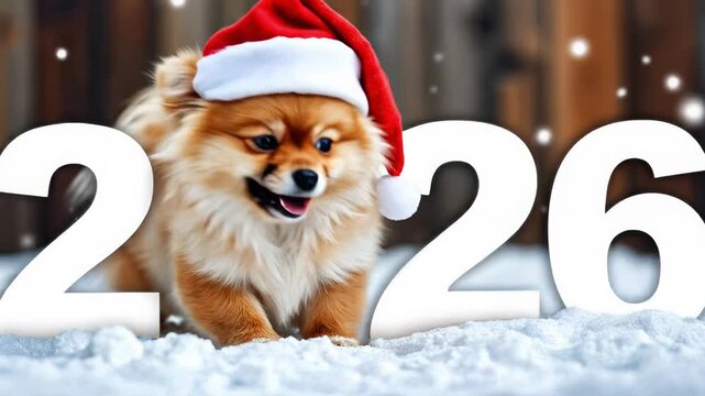 Playful dog wearing festive Santa hat joyfully interacting with snow-covered ground and large numbers, showcasing a fun holiday spirit in winter setting