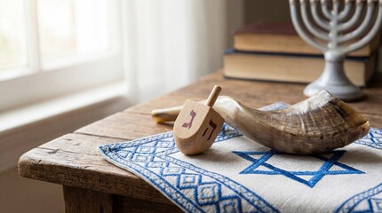 Dreidel and shofar on Star of David cloth