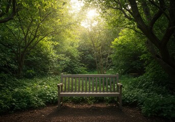 Sunlight filters through the lush canopy, illuminating an empty wooden bench in a peaceful, secluded garden area, perfect for romantic quiet moments, tree, canopy, bench