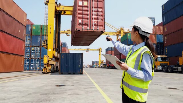 Female logistics coordinator directing container movement with radio and clipboard, overseeing operations in busy shipping yard with stacked cargo