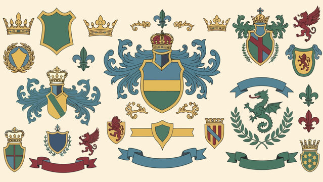 Collection of ornate heraldic coats of arms, royal crests, shields and emblems with mantling, crowns and decorative supporters.