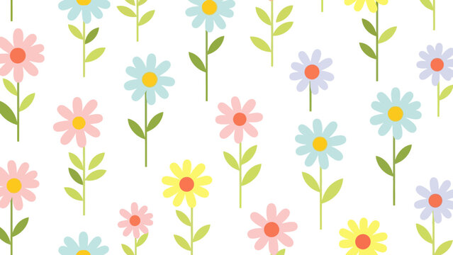 Pastel floral pattern with colorful daisies and green stems on a white background, seamless botanical design for fabric, wallpaper, and textiles.