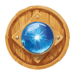circular blue portal energy gem set in a simple wooden frame for game fast travel and teleportation