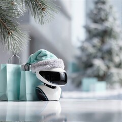 Robot wearing a winter hat stands beside teal shopping bags, surrounded by a festive winter scene with snow-covered trees, embodying holiday spirit and technology integration