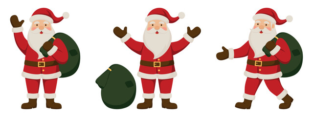 Set of cute Santa Claus in different poses. Holiday vector flat illustrations isolated on a white background.