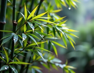 Serene bamboo leaves glisten with fresh raindrops in a verdant, tranquil forest setting, clean, refreshing, beauty